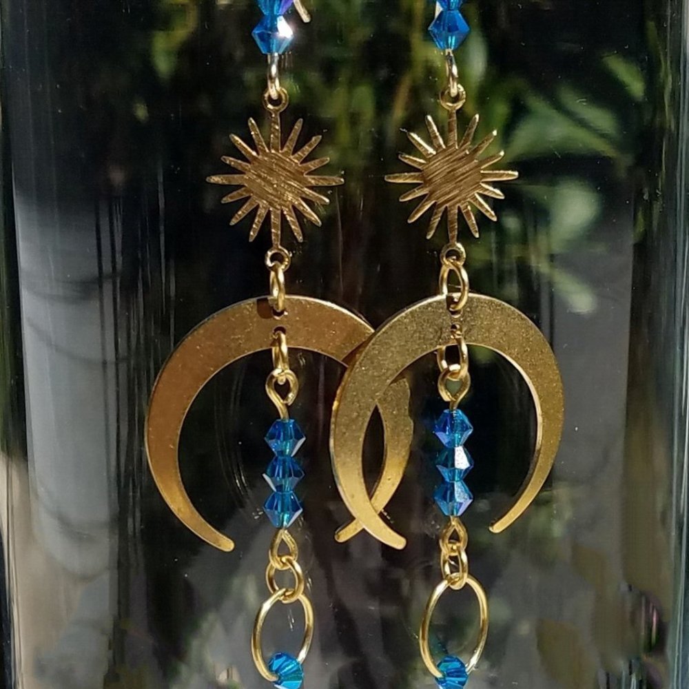Boho Brass Sun and Moon Earrings/ Aqua Crystal Sexy Long Gold Dangle Earrings